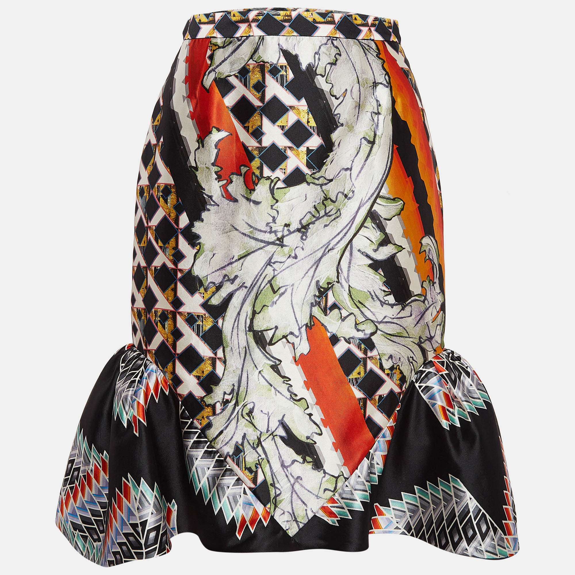 

Peter Pilotto Multicolor Printed Silk Ruffled Knee-Length Skirt S, Black