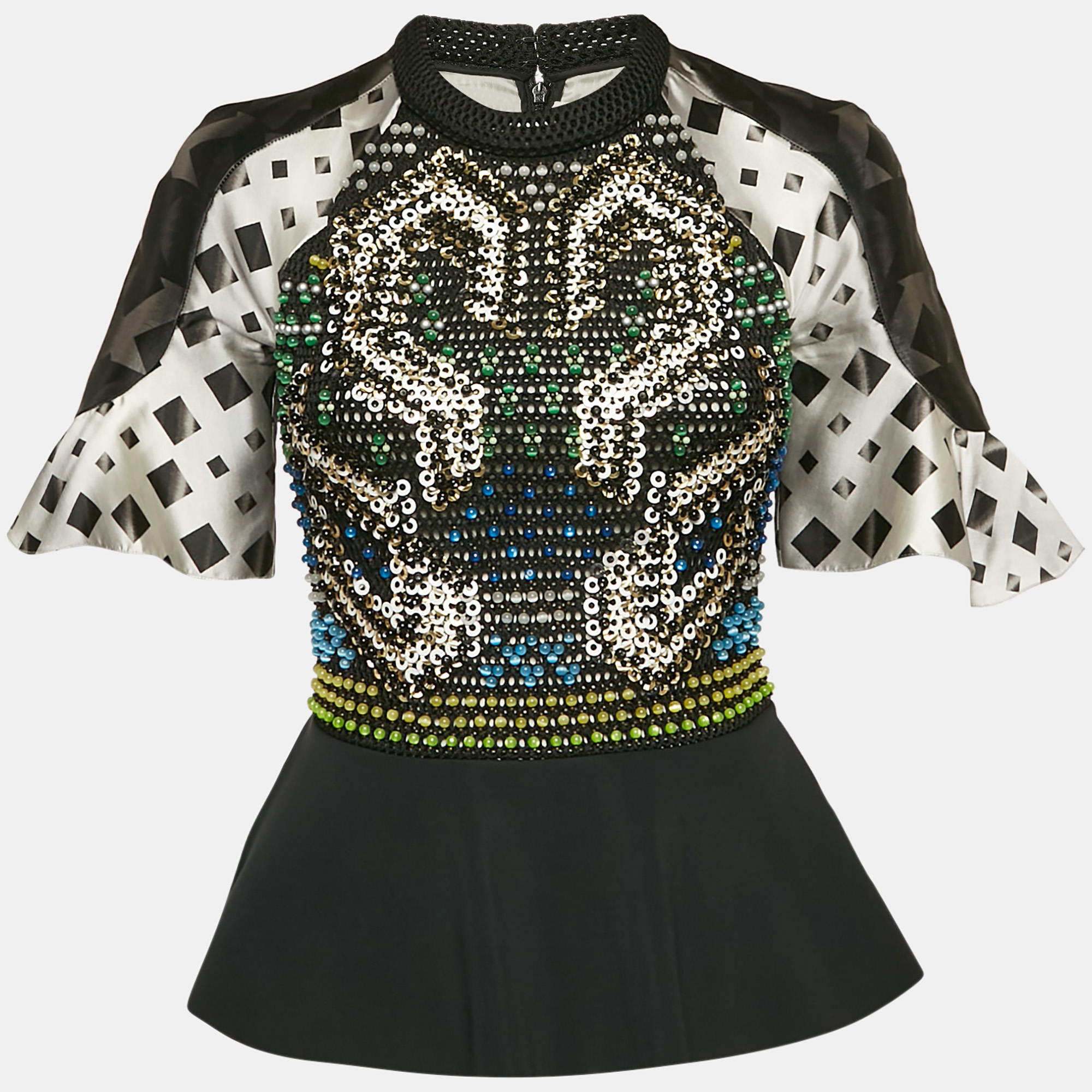 

Peter Pilotto Black Crepe and Knit Embellished Peplum Top M