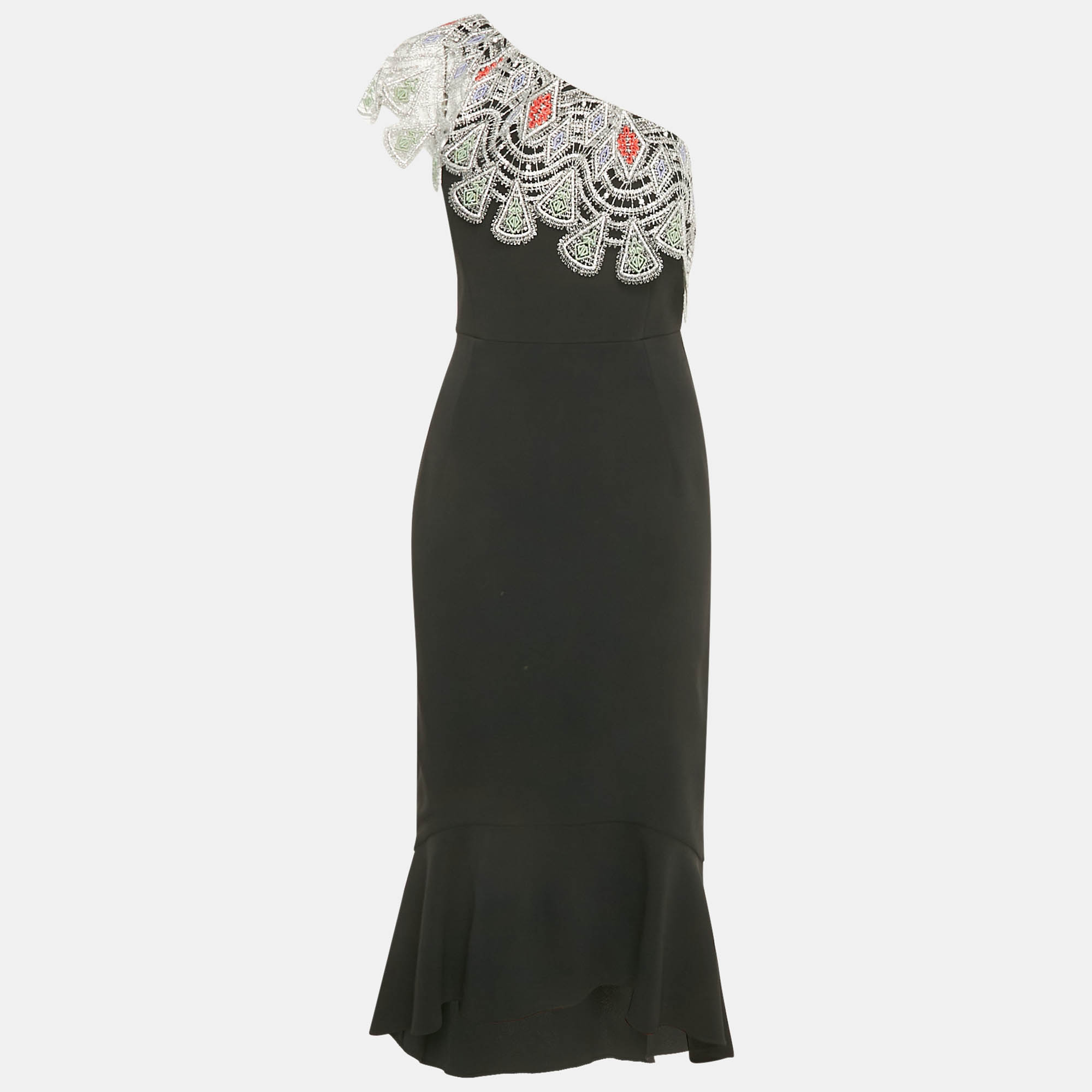 

Peter Pilotto Black Crepe Lace Overlay One Shoulder Midi Dress L
