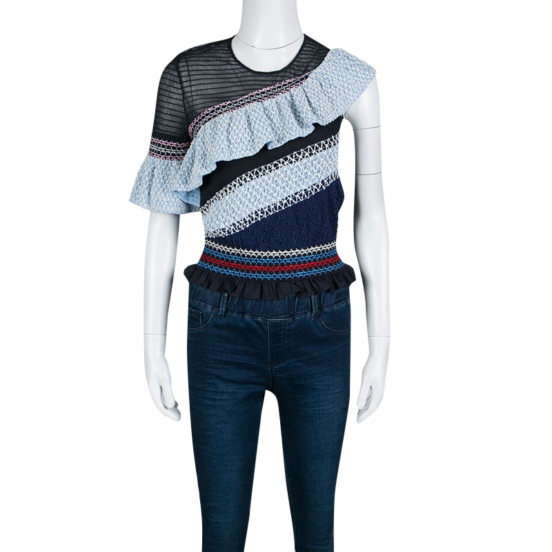 

Peter Pilotto Blue Smocked Asymmetric Ruffle Detail Octave Top