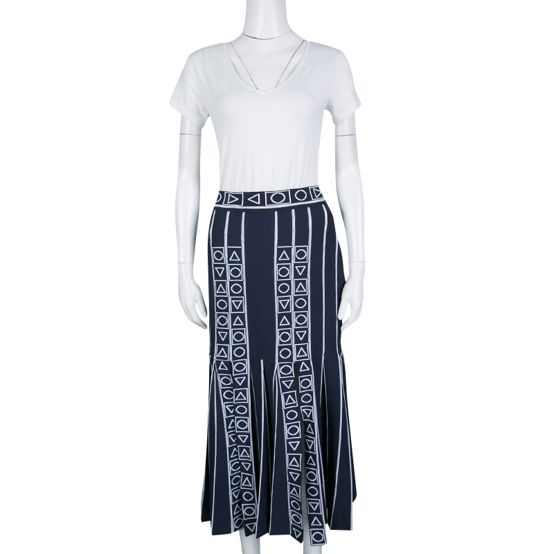 

Peter Pilotto Navy Blue and White Index Knit Slit Detail Midi Skirt