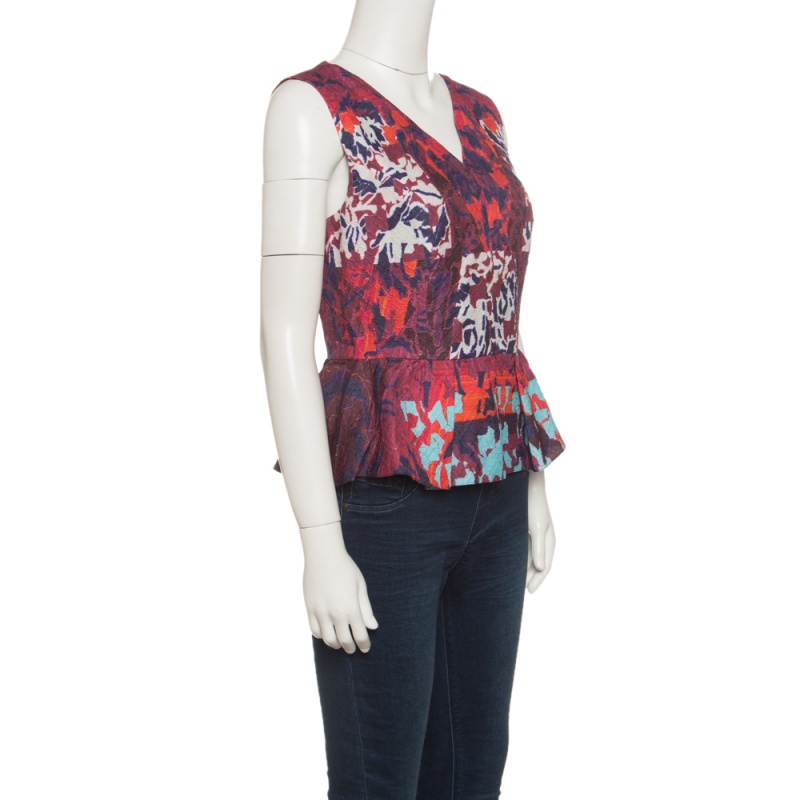 Pre-owned Peter Pilotto Multicolor Textured Water Orchid Print Cloque Peplum Top M