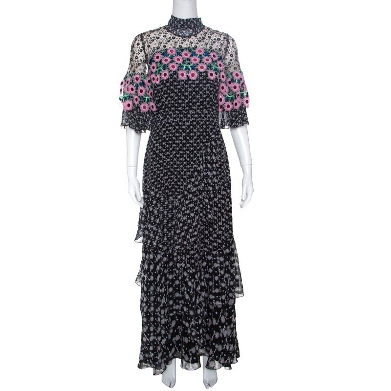 Pre Owned Peter Pilotto Black Floral Print Lace Paneled Ruffled Silk Georgette Dress S