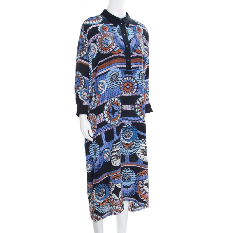Pre-owned Peter Pilotto Silk Digital Abstract Printed Kaftan Maxi Dress ( One Size ) In Navy Blue