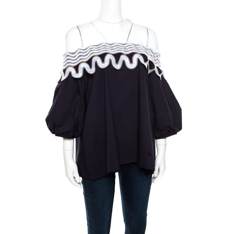 

Peter Pilotto Navy Blue Cotton Lace Trim Off Shoulder Pallas Top