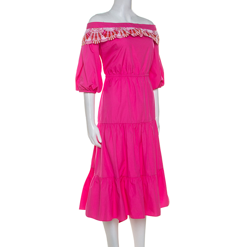 

Peter Pilotto Pink Cotton Embroidery Detail Off-Shoulder Pallas Dress