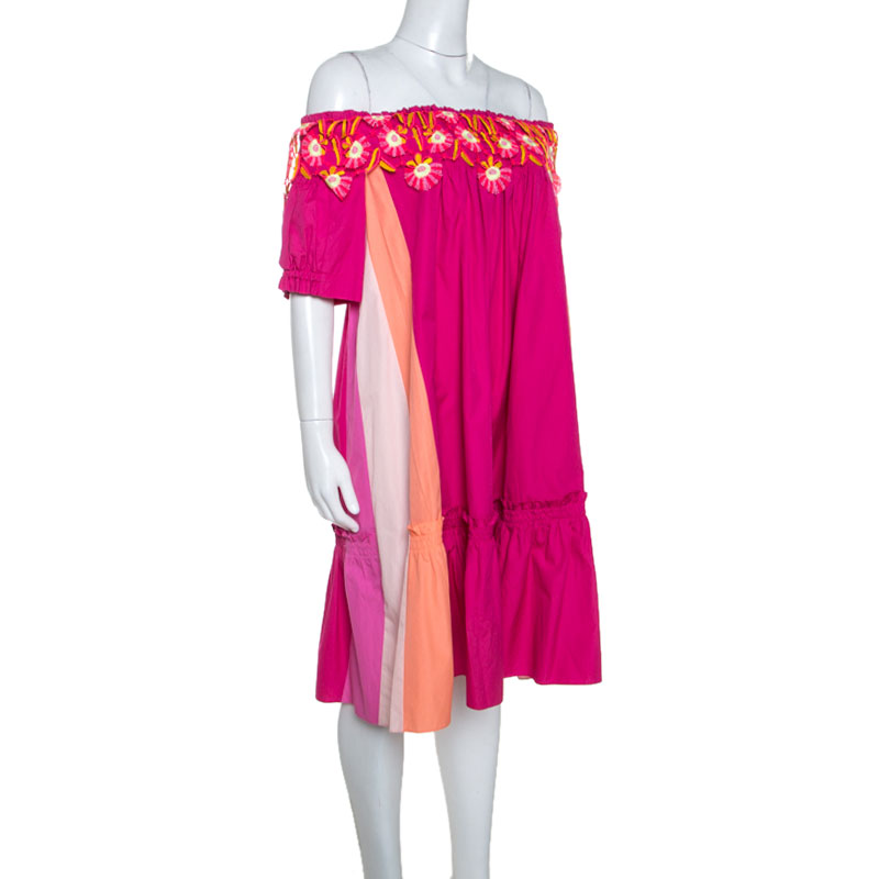 

Peter Pilotto Pink Cotton Embroidery Detail Off-Shoulder Pallas Dress