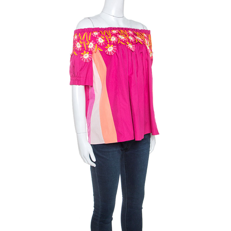 

Peter Pilotto Pink Cotton Lace Detail Panelled Off-Shoulder Top