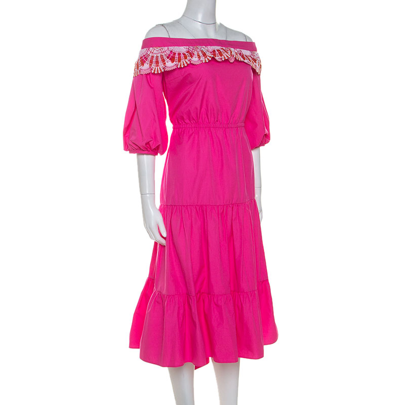 

Peter Pilotto Pink Cotton Embroidery Detail Off-Shoulder Pallas Dress