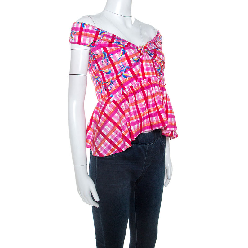 

Peter Pilotto Pink Printed Cotton Poplin Off Shoulder Top