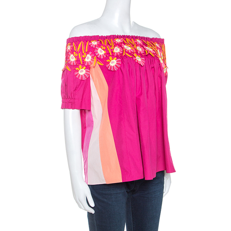 

Peter Pilotto Pink Cotton Lace Detail Panelled Off-Shoulder Top