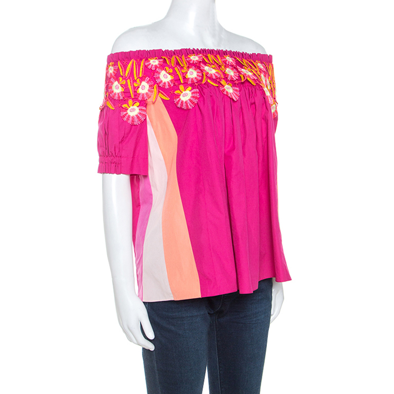 

Peter Pilotto Pink Cotton Lace Detail Panelled Off-Shoulder Top