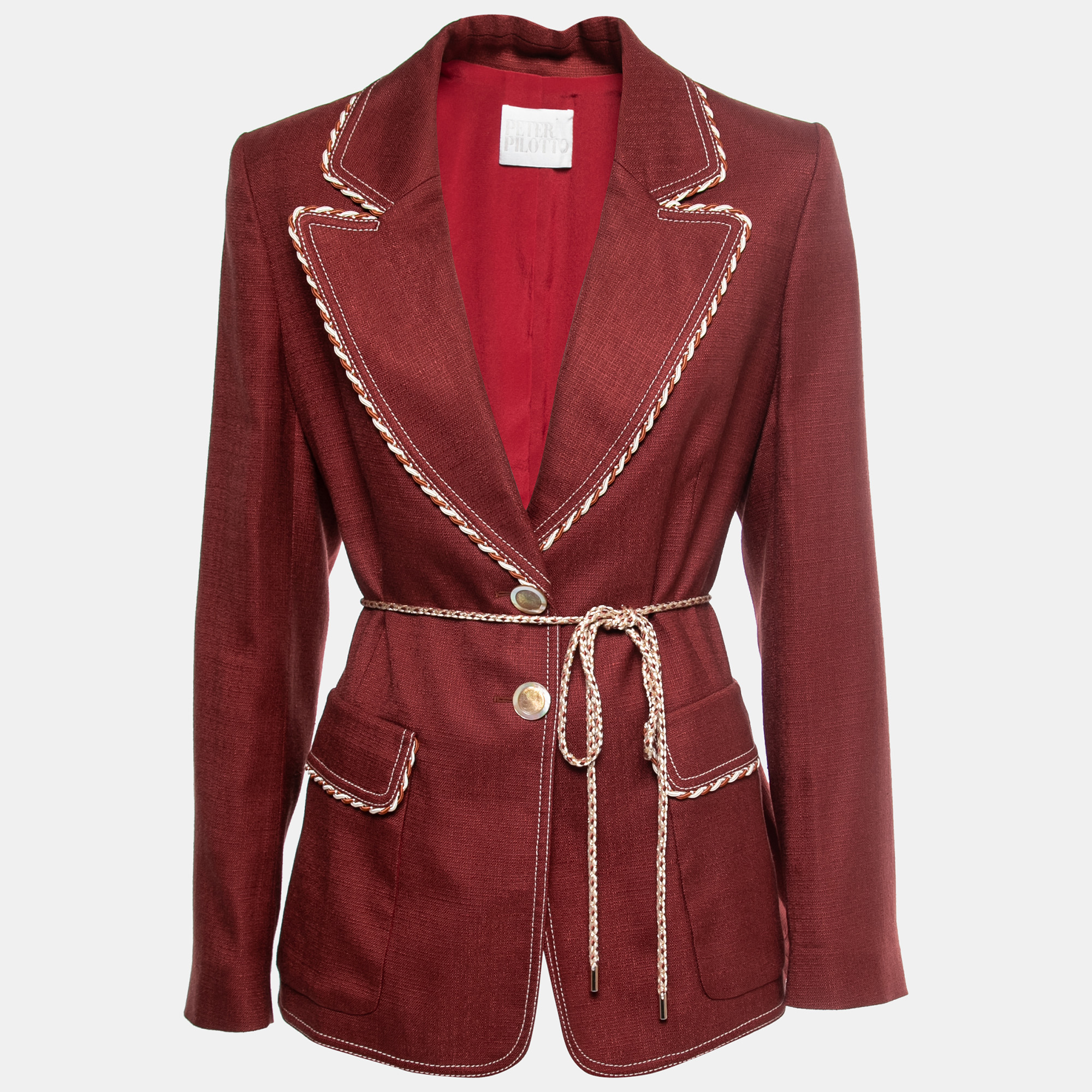 Pre Owned Peter Pilotto Burgundy Canvas Trim Detail Rope-Tie Blazer L