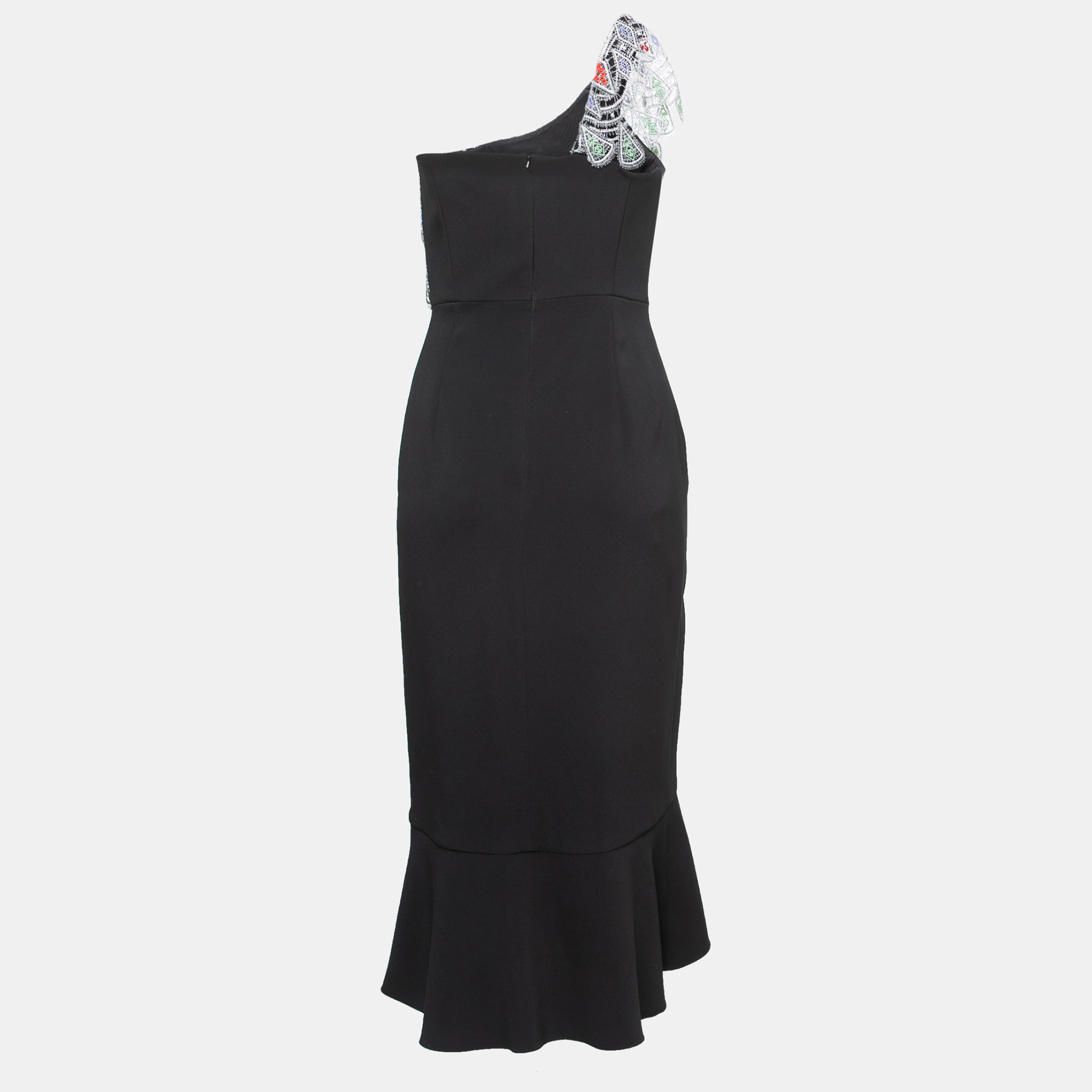 

Peter Pilotto Black Crepe Lace Overlay One Shoulder Midi Dress