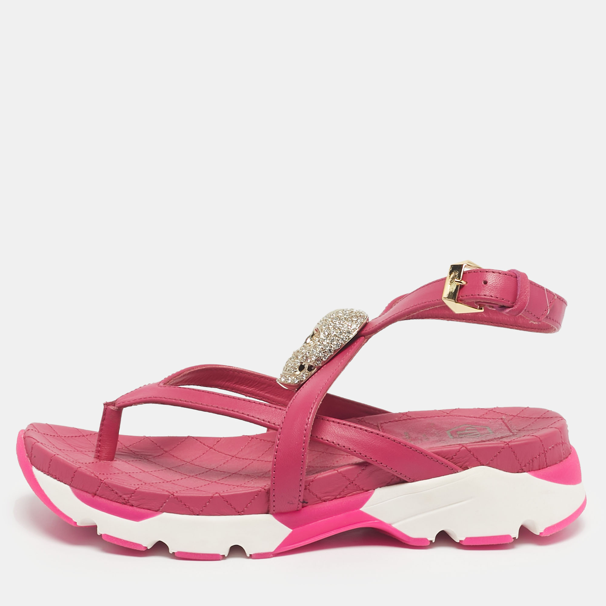 

Philipp Plein Pink Leather Crystal Skull Flat Sandals Size