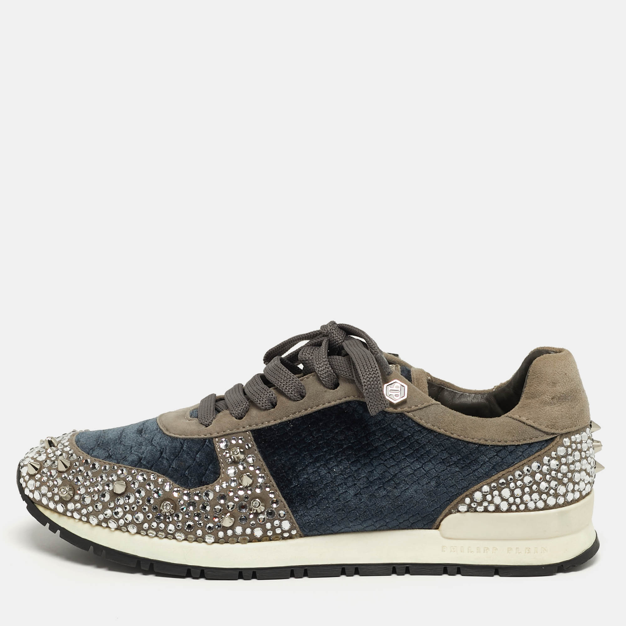Pre-owned Philipp Plein Size 37 Grey Suede And Velvet Crystal Stud Embellished Lace Up Sneakers In Gray