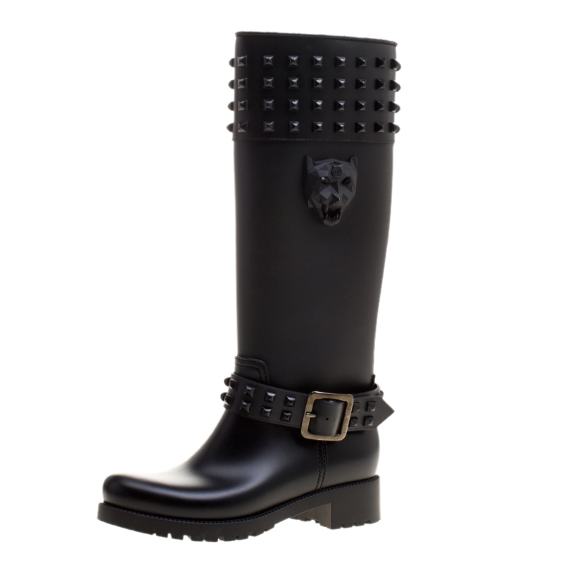 Philipp Plein Black Rubber Kingdom Studded Rain Boots Size 38