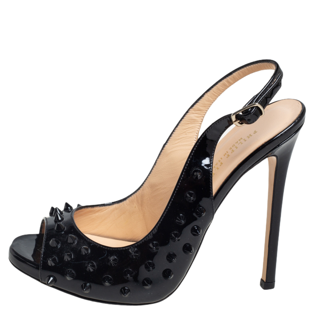 

Philipp Plein Black Patent Leather Spike Peep Toe Slingback Sandals Size