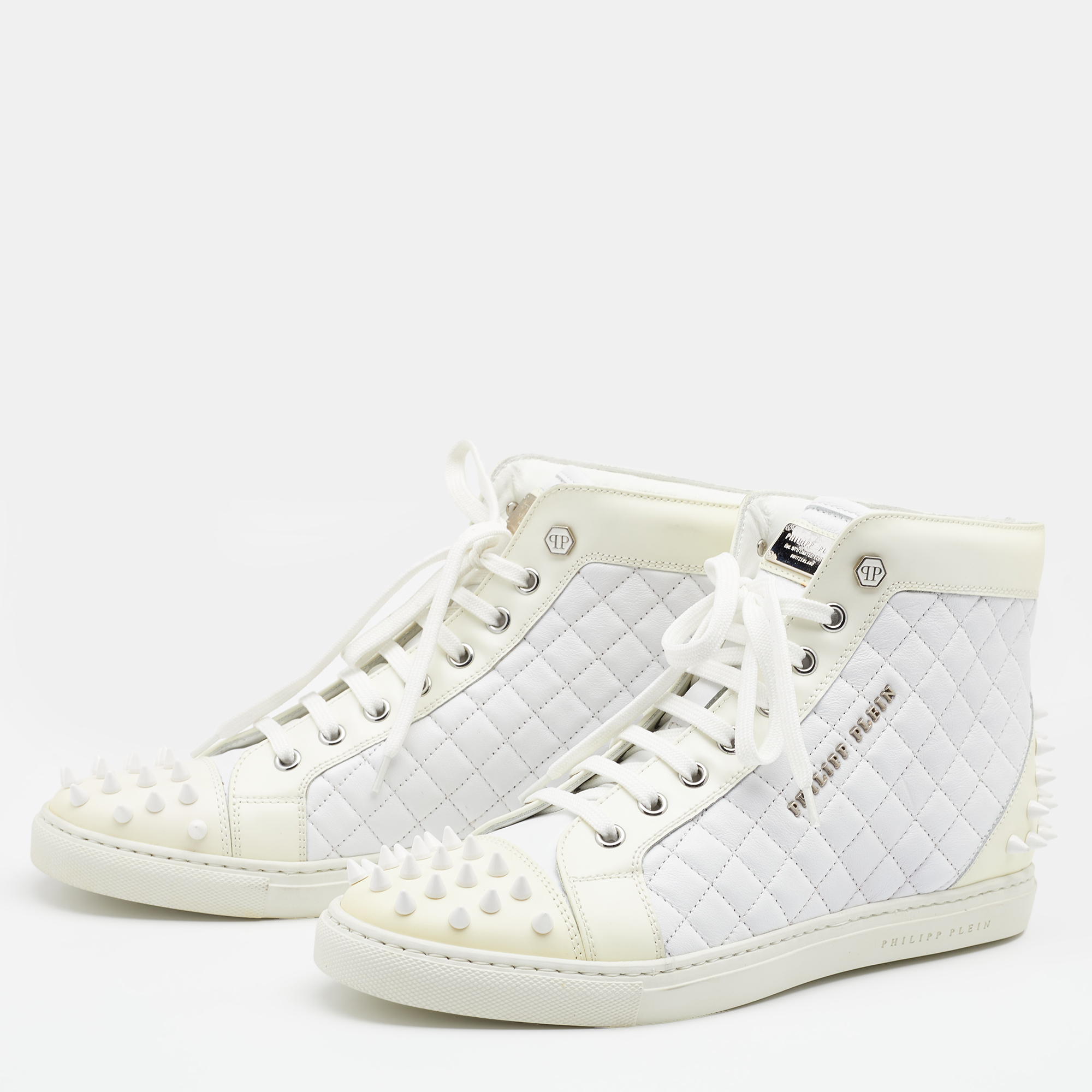 

Philipp Plein White/Cream Quilted Leather Sugar Spiked High Top Sneakers Size