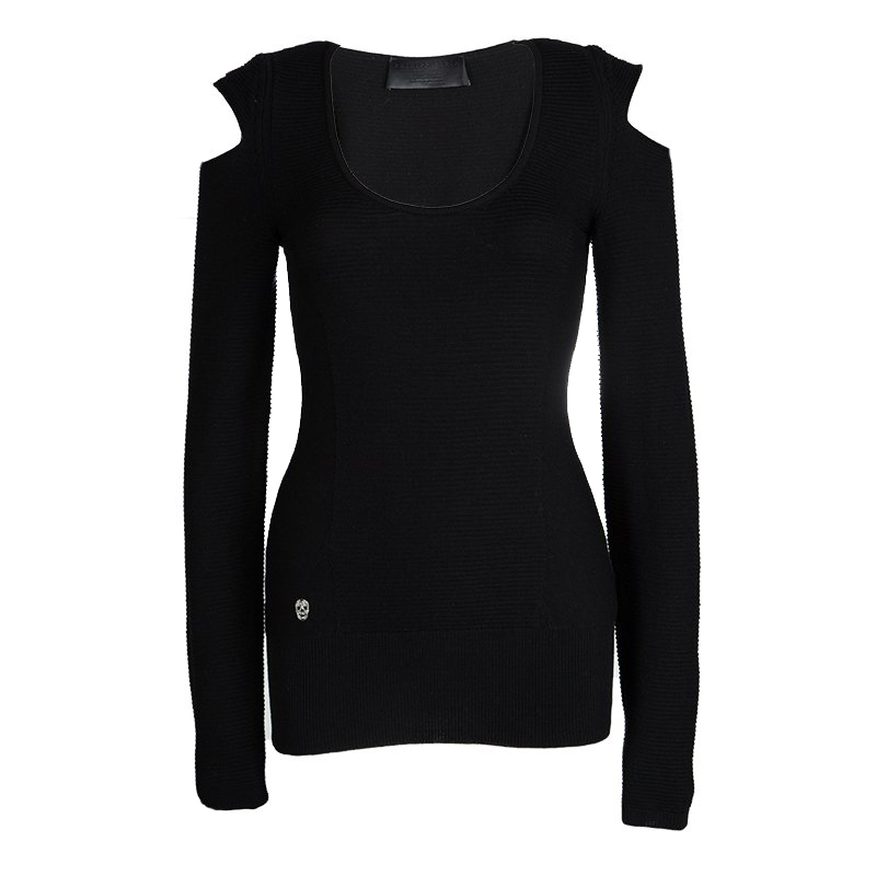 Philipp Plein Black Merino Wool Knit Cold Shoulder Detail Sweater M