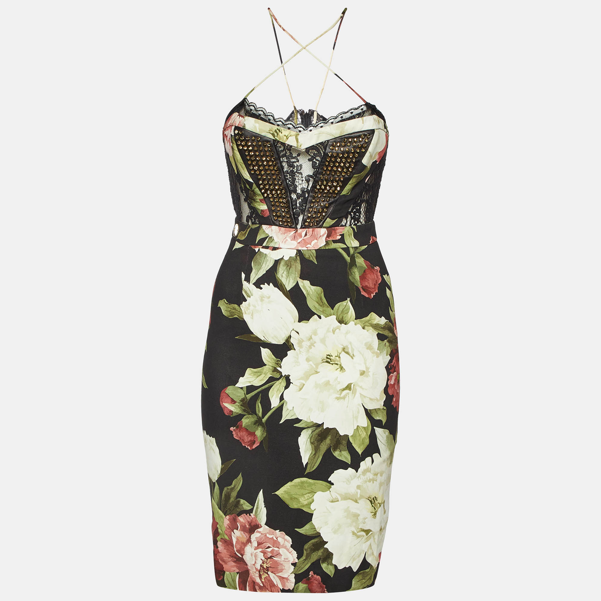 

Phillip Plein Black Floral Print Crepe Studded Midi Dress XS