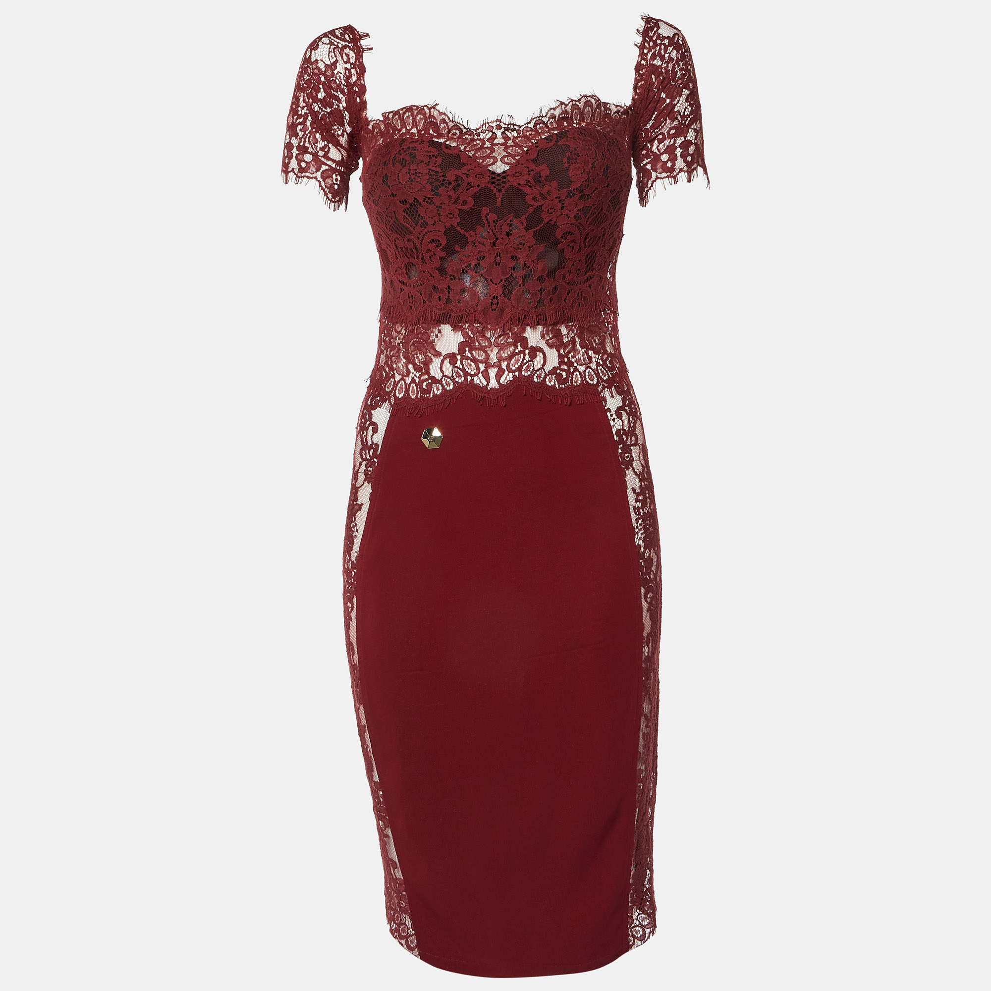 

Philipp Plein Deep Red Lace Off Shoulder Midi Dress M