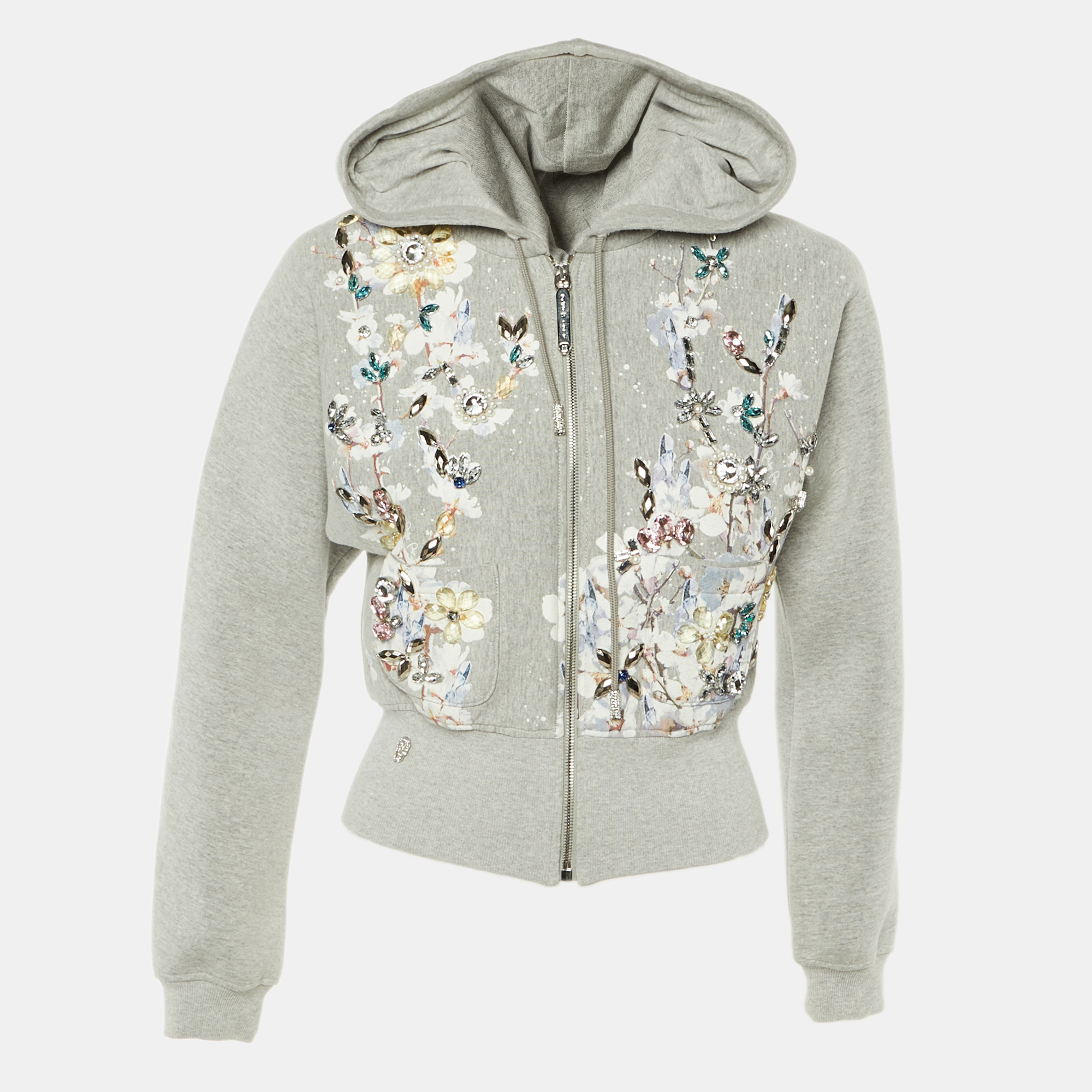 Pre-owned Philipp Plein Grey Knit Crystal Embellished Zip Up Jacket S In Gray