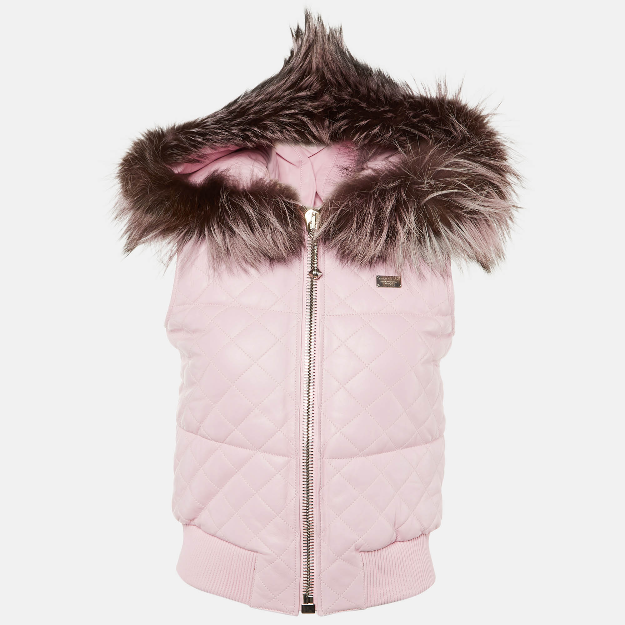 

Philipp Plein Pink Leather & Fox Fur Hooded Sleeveless Jacket S