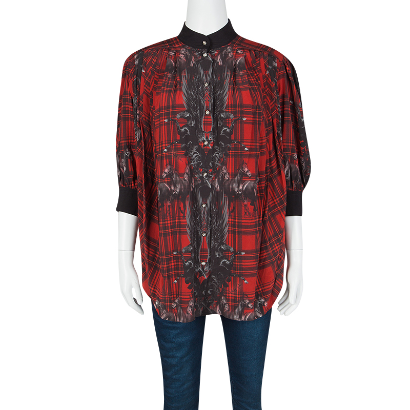 

Philipp Plein Red Checked Silk British Horses Print Pleat Detail Blouse