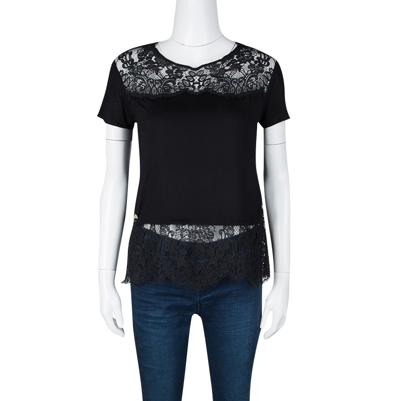 

Philipp Plein Couture Black Jersey and Scalloped Lace Sheer Back Detail Top