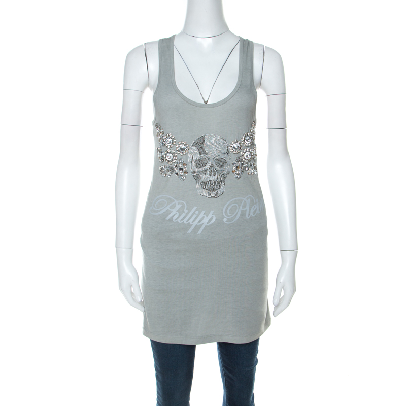 Philipp Plein Grey Cotton Crystal Skull Embellished Sleeveless Tank Top XS 
