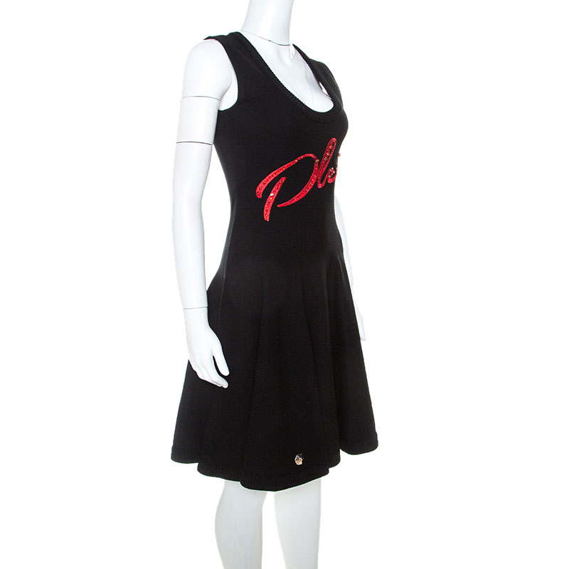 

Philipp Plein Black Knit Embellished Logo Detail Flared Dress