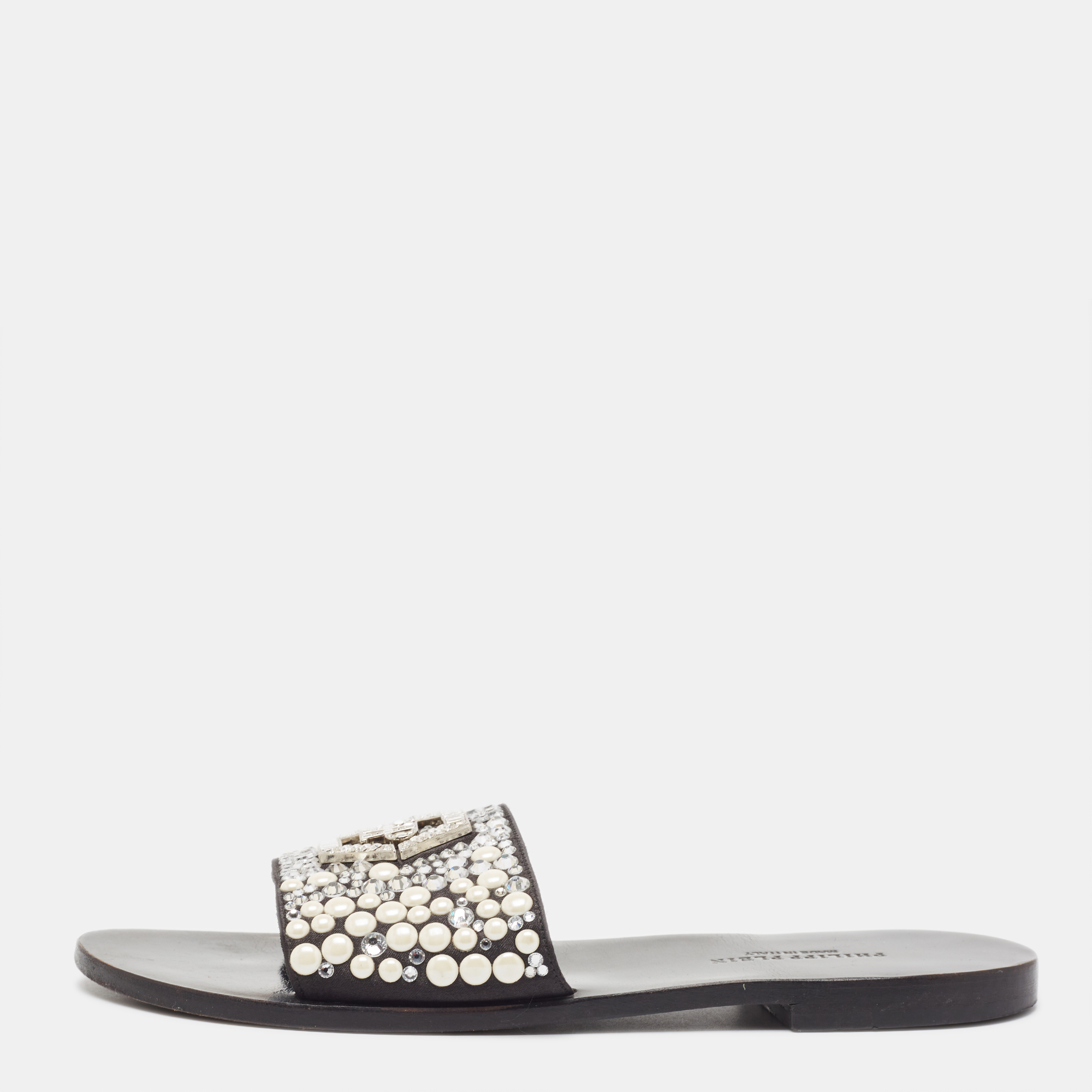 

Philipp Plein Black Satin Embellished Flat Slides Size