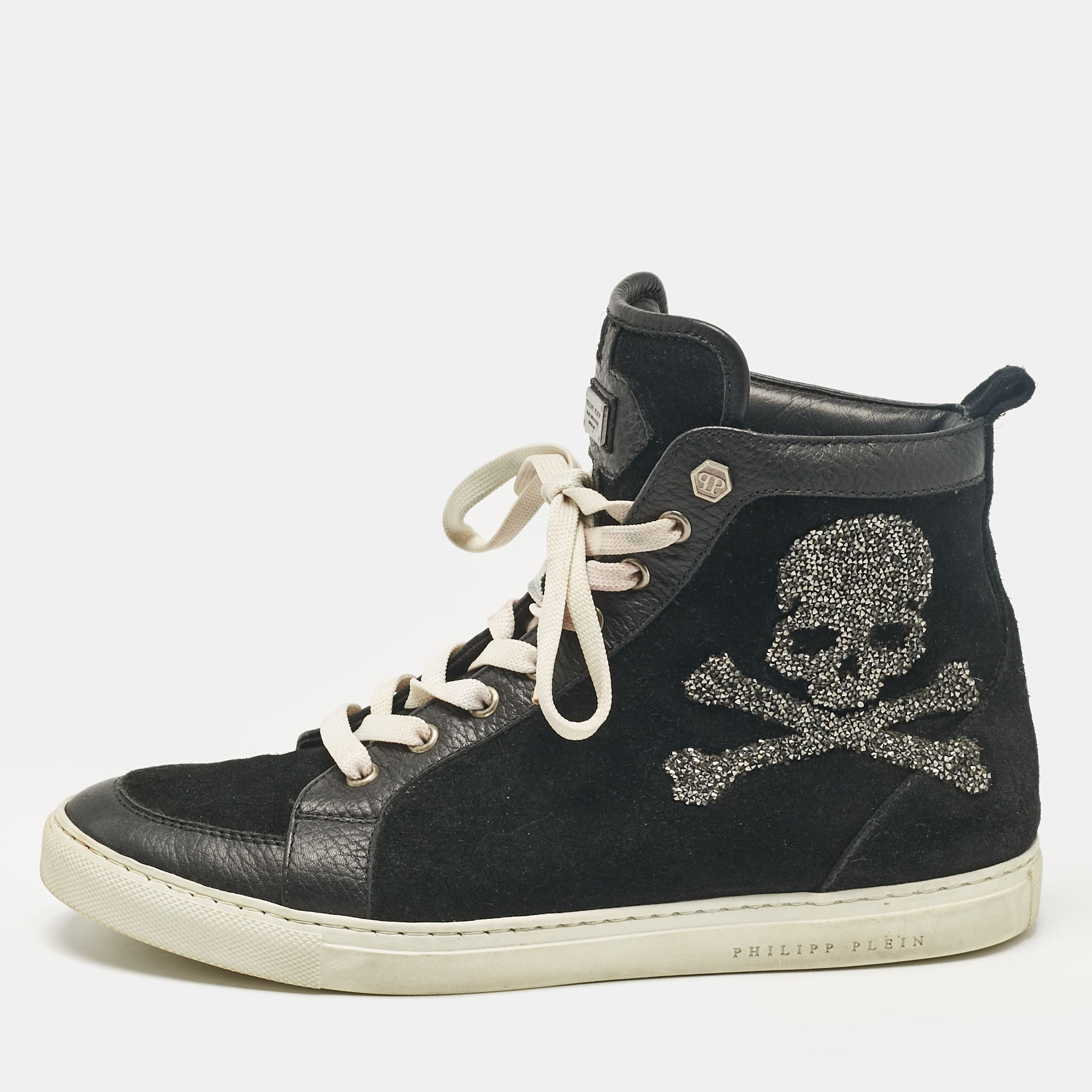 

Philipp Plein Black Leather Suede Skull High Top Sneakers Size