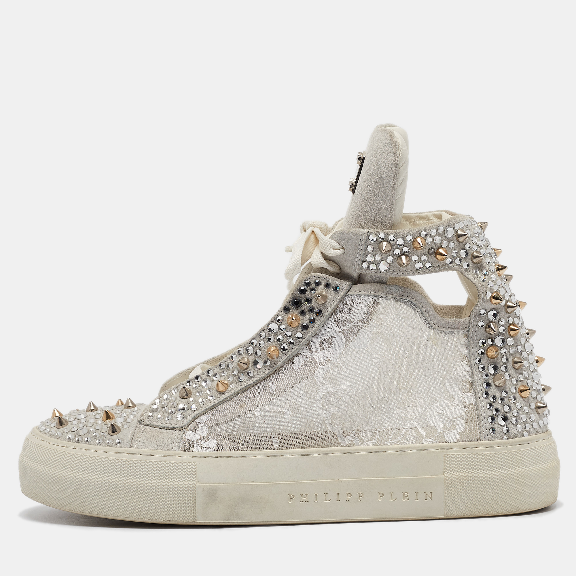 

Philipp Plein Grey Lace and Suede High Top Sneakers Size