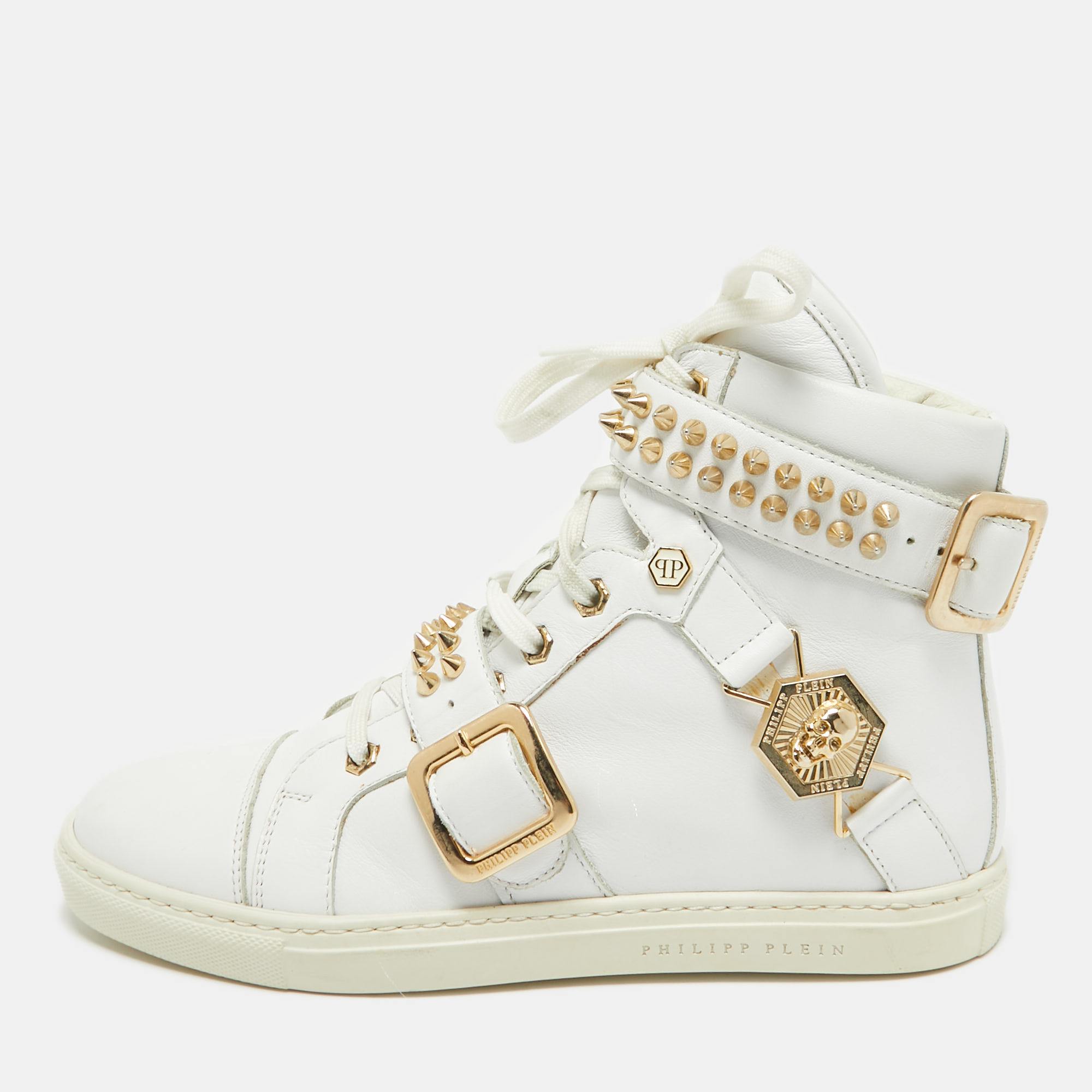 

Philipp Plein White Leather Spike High Top Sneakers Size