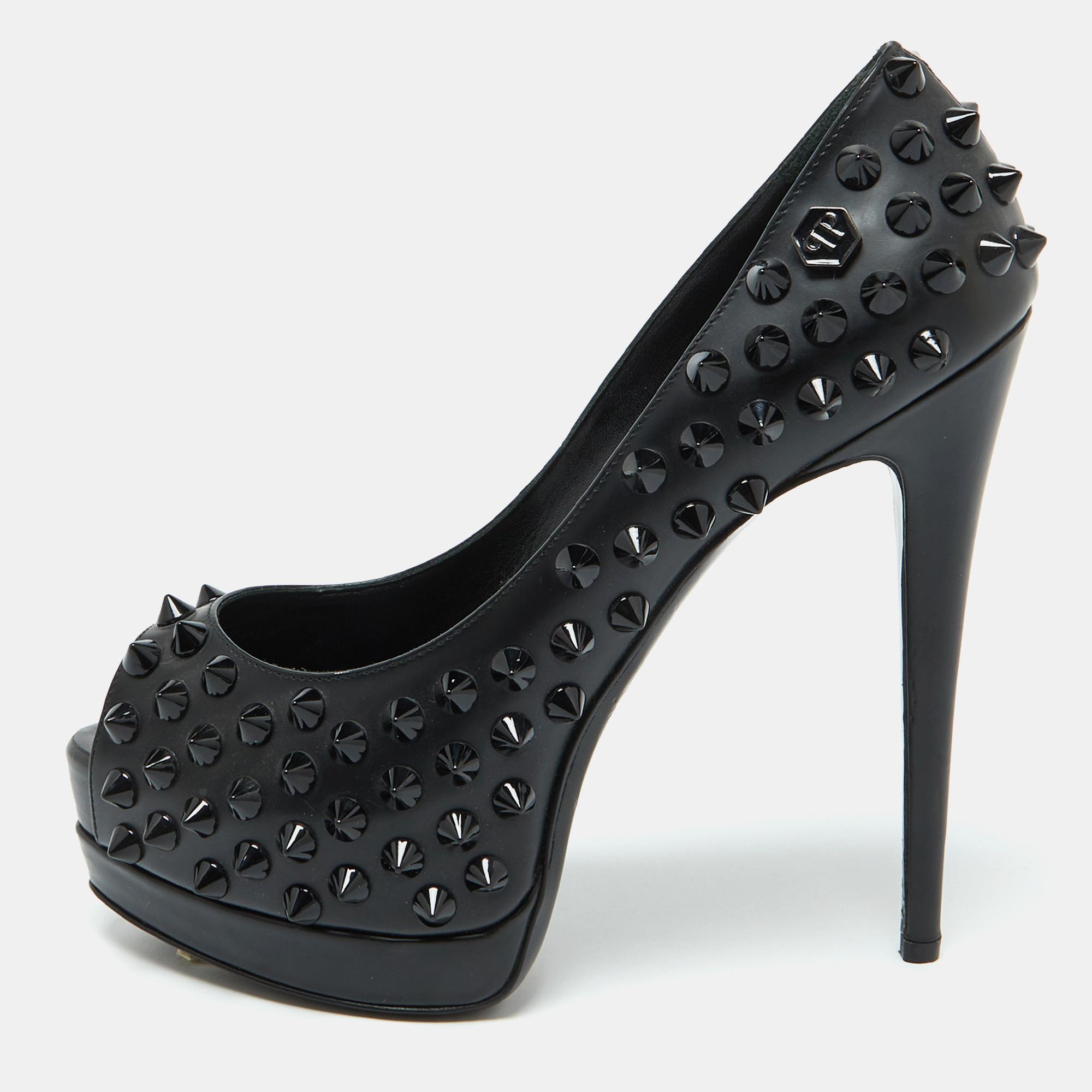 

Philipp Plein Black Leather Studded Peep Toe Platform Pumps Size