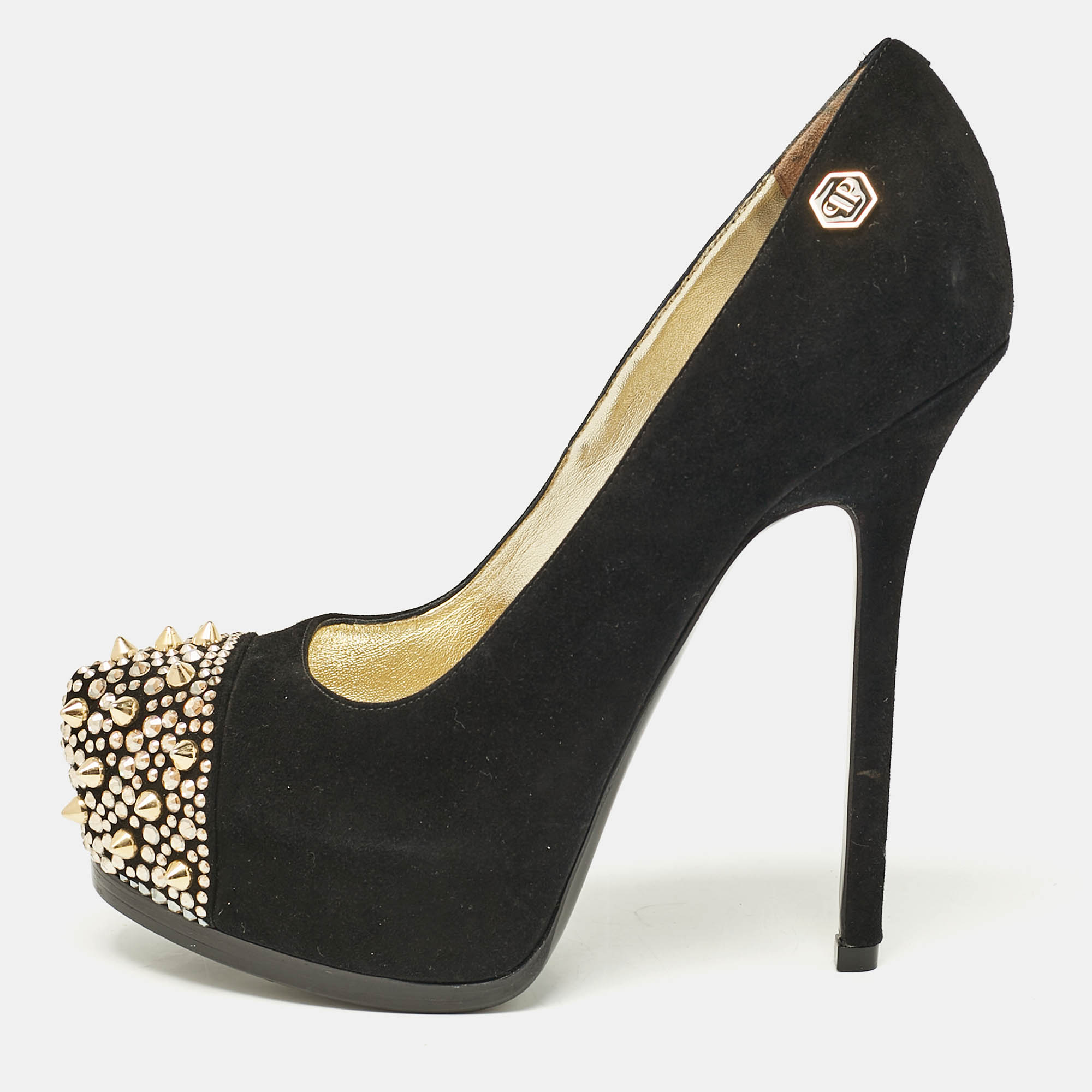 

Philipp Plein Black Suede Spike Embellished Platform Pumps Size