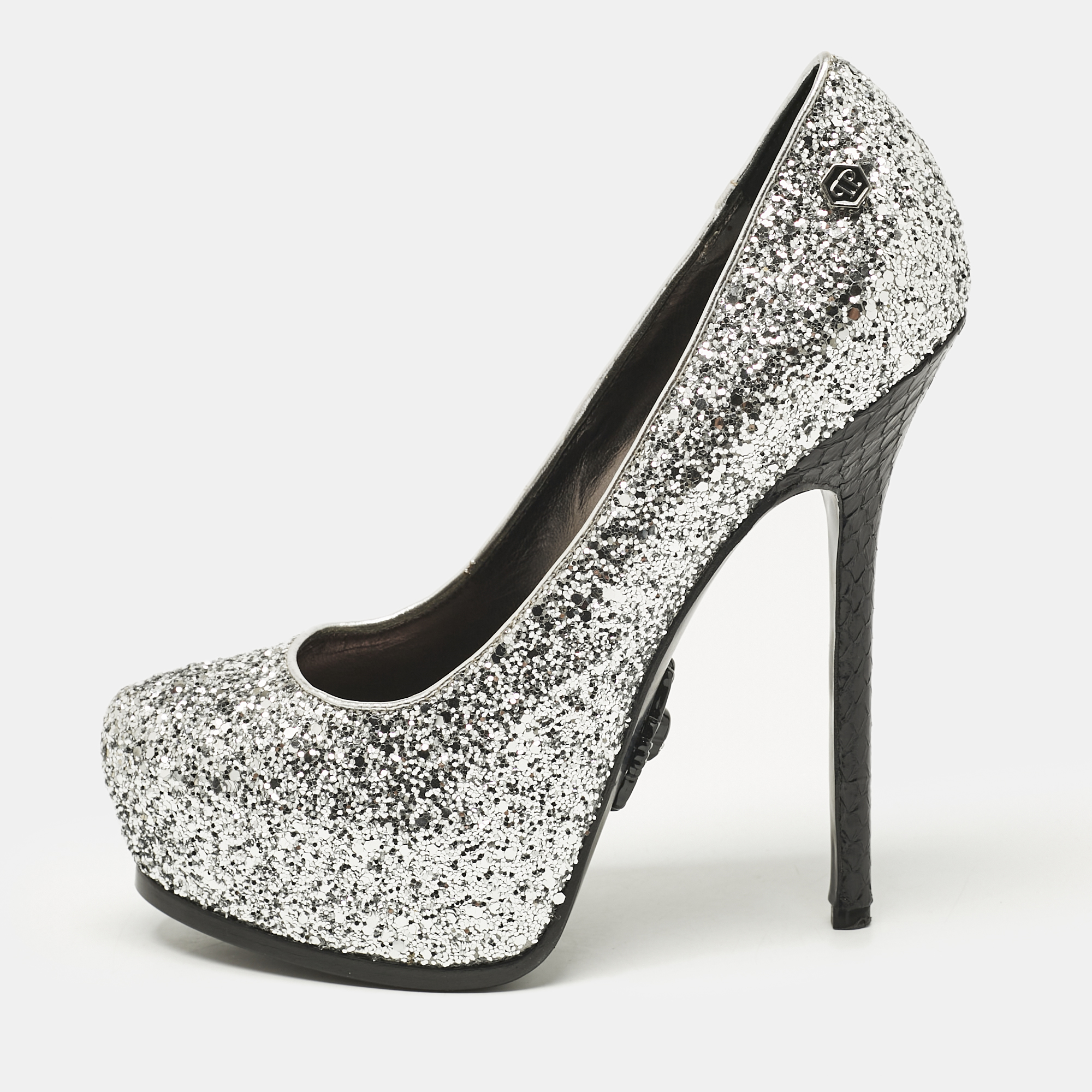 

Philipp Plein Silver/Black Glitter and Python Platform Pumps Size