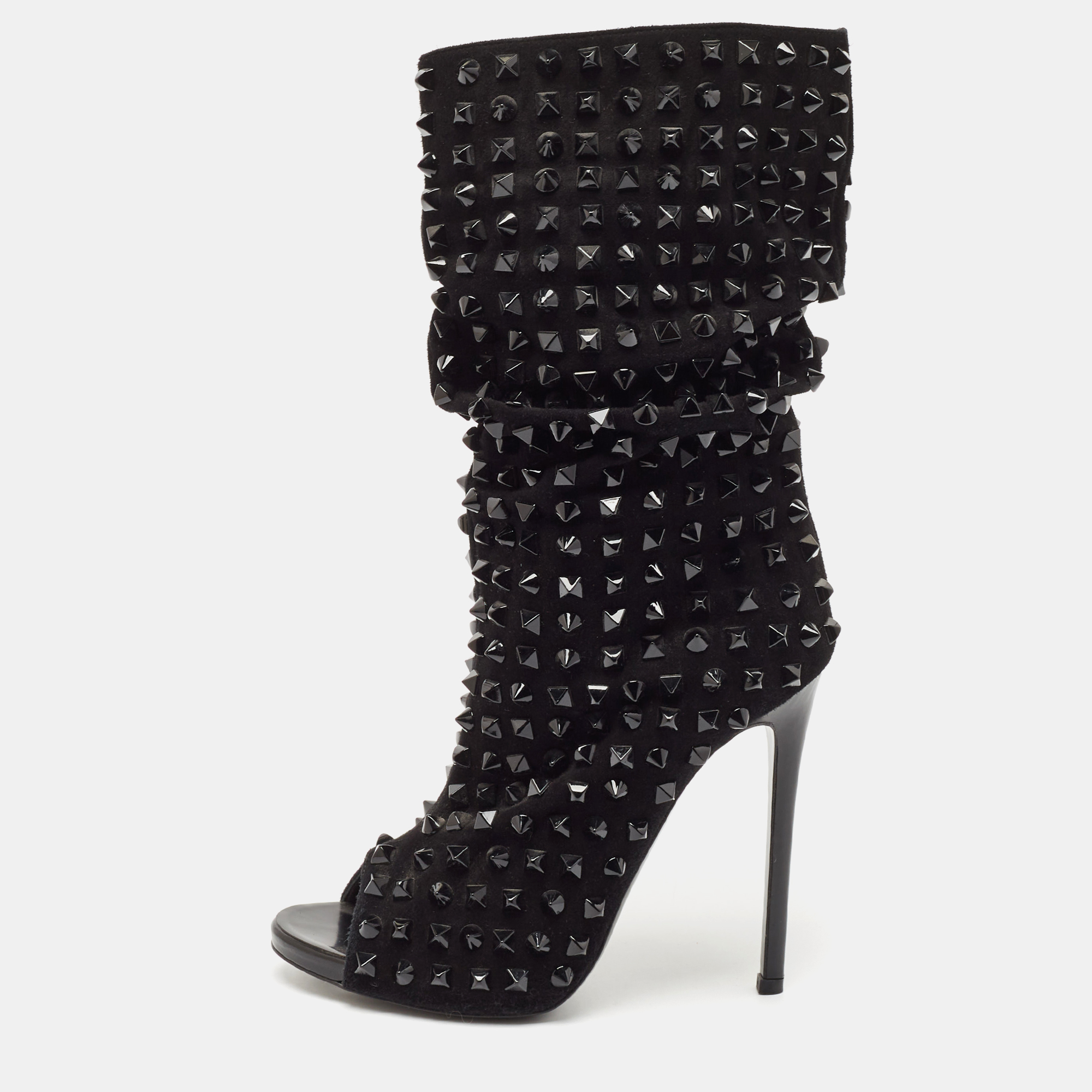 

Philipp Plein Black Suede Peep Toe Superstudd Embellished Mid Calf Boots Size