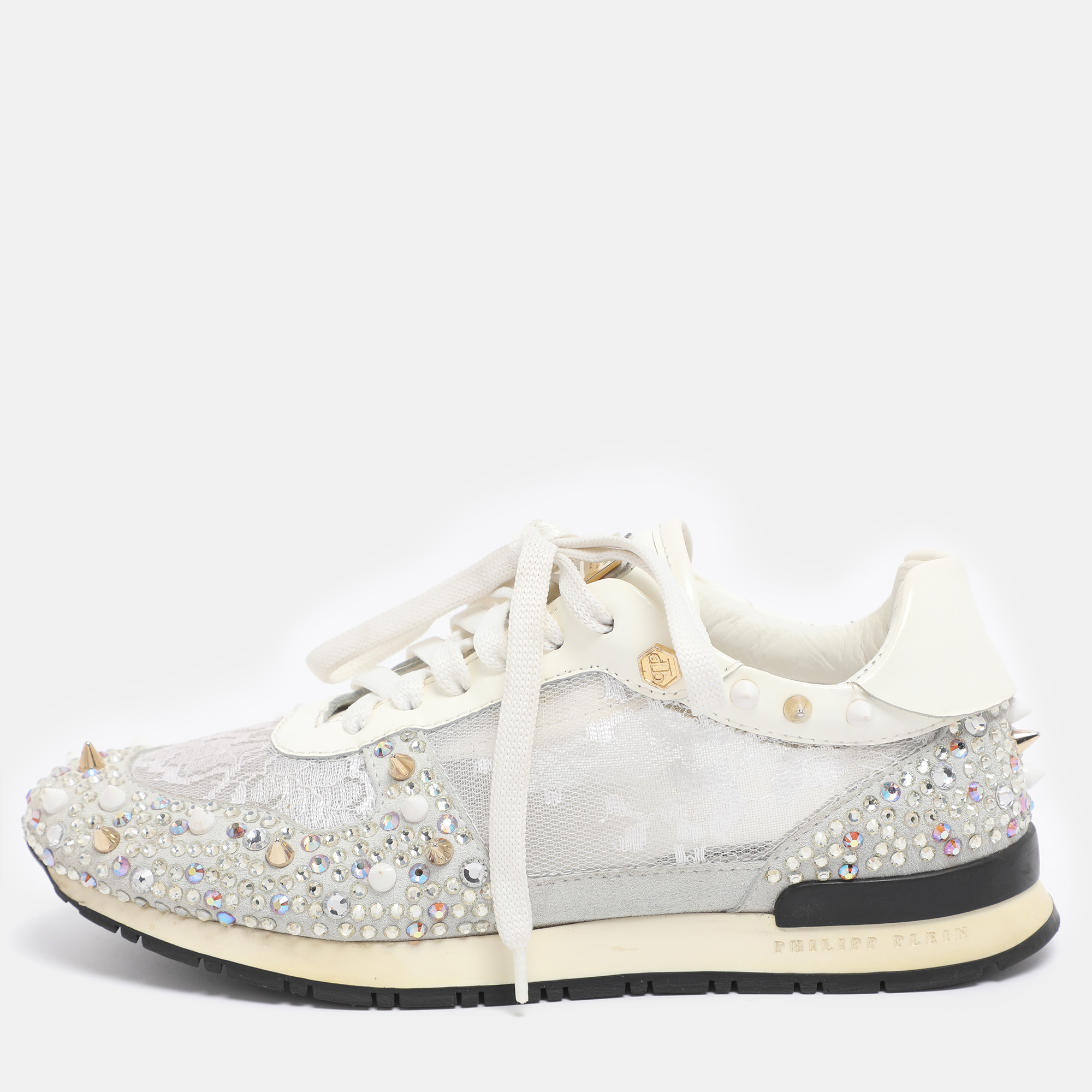 

Philipp Plein White Lace and Leather Sanna Embellished Low Top Sneakers Size