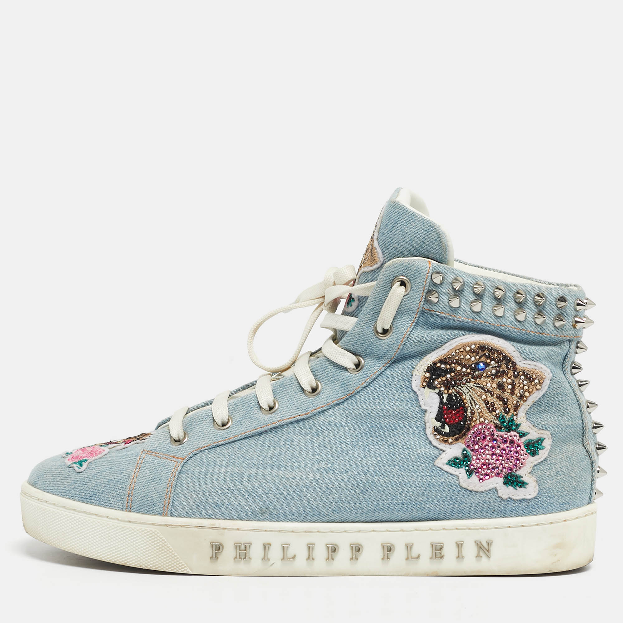 Pre-owned Philipp Plein Blue Denim Studded High Top Sneakers Size 40