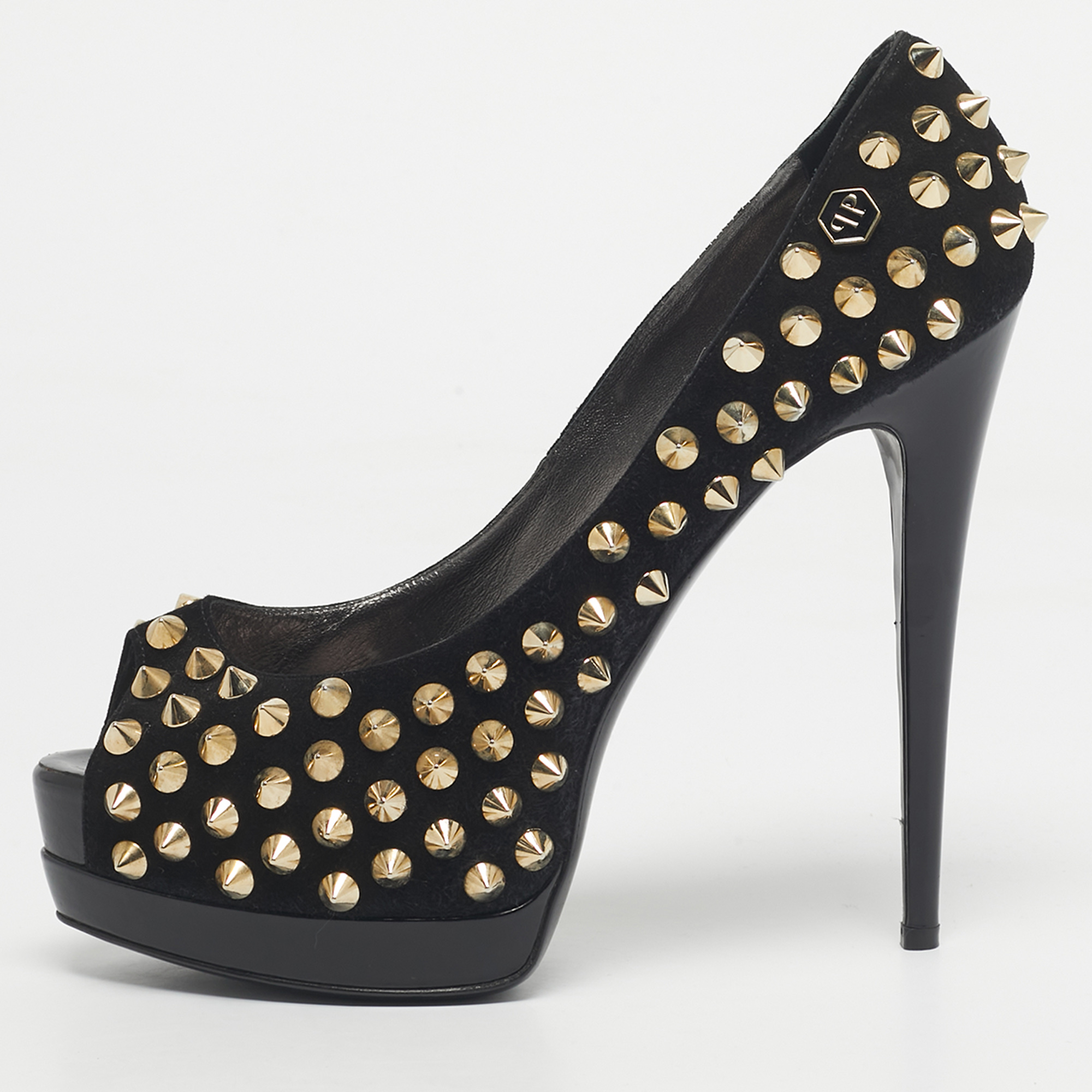 Pre-owned Philipp Plein Black Suede Studded Peep Toe Platform Pumps Size 40