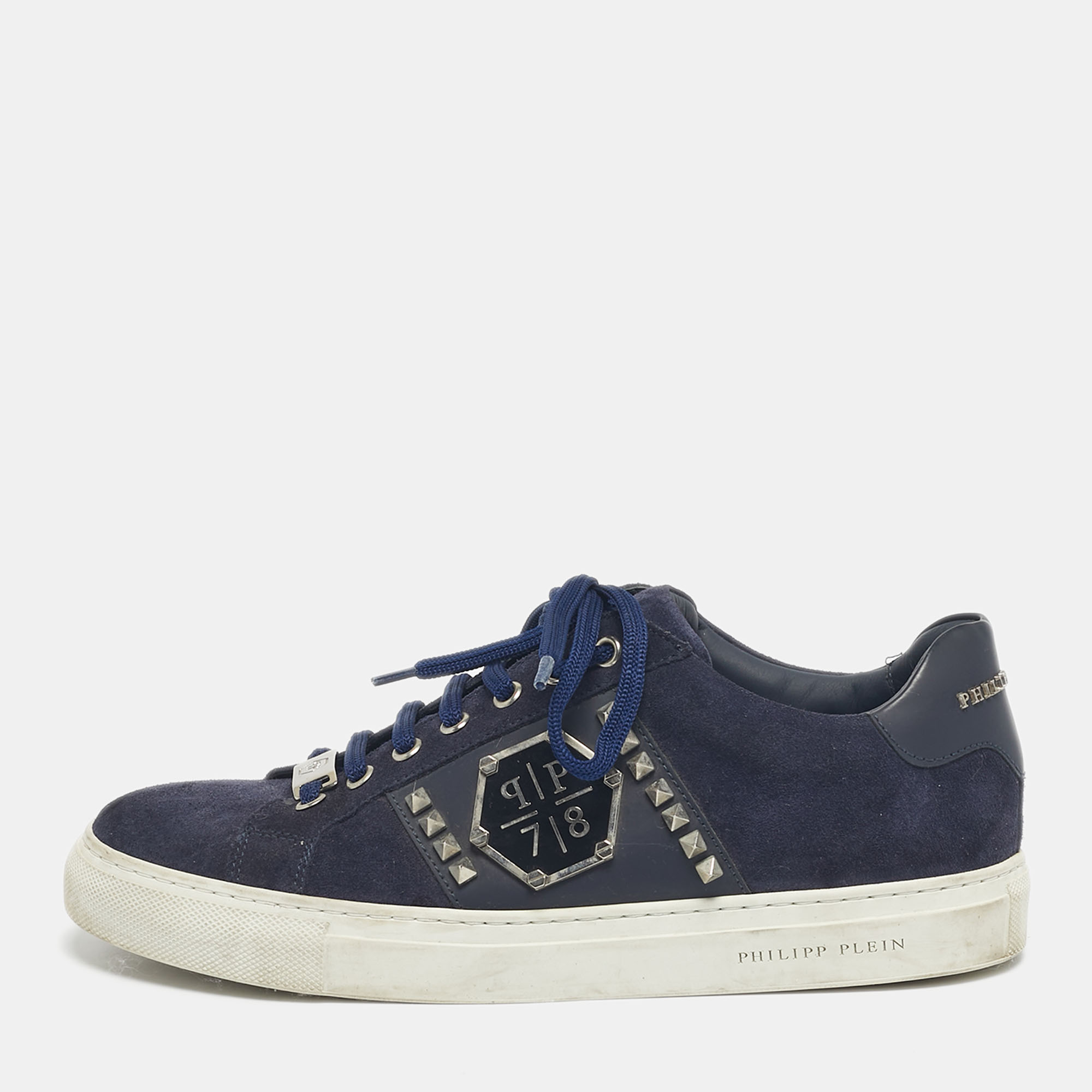 Pre-owned Philipp Plein Navy Blue Leather And Suede Stud Embellished Lace Up Sneakers Size 40