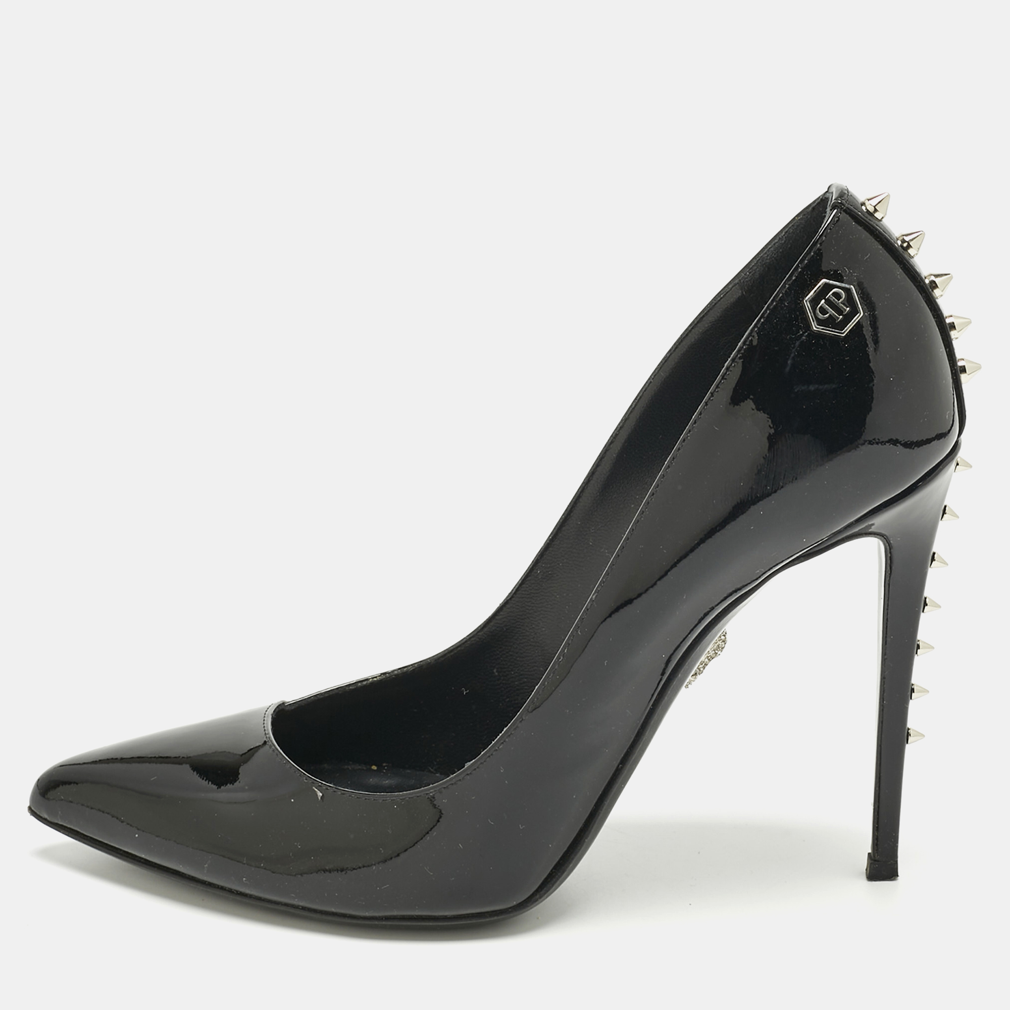 

Philipp Plein Black Patent Leather Studded Pointed Toe Pumps Size