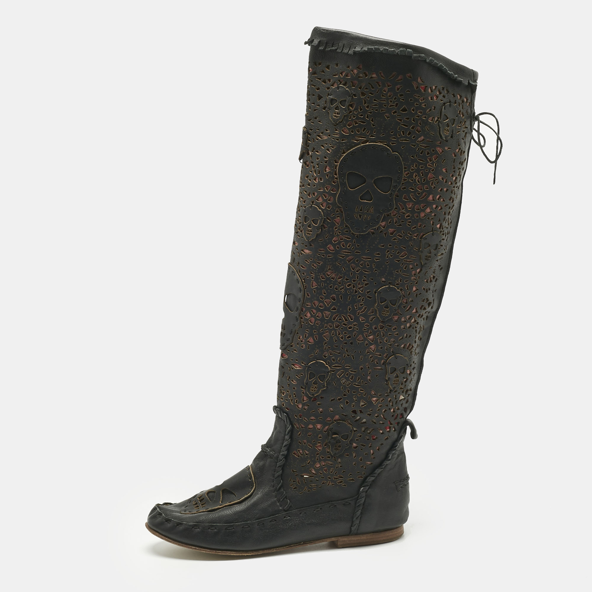 Pre-owned Philipp Plein Black Leather Laser Cut Skull Mid Calf Boots Size 37