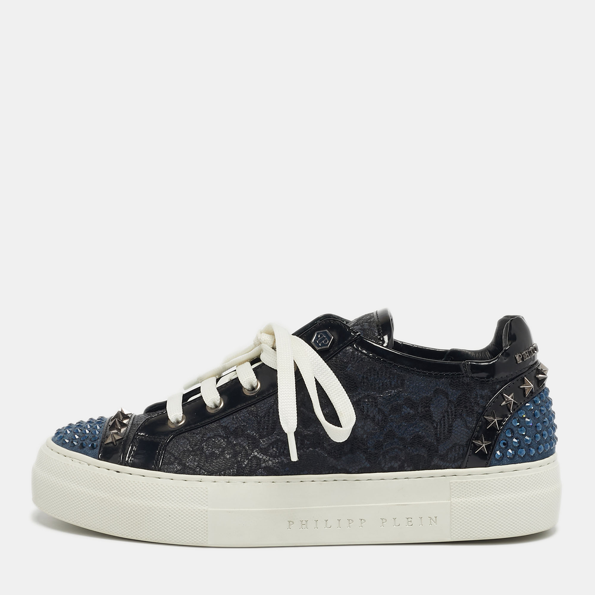 Pre-owned Philipp Plein Navy Blue/black Leather And Lace Stud Embellished Lace Up Sneakers Size 37.5