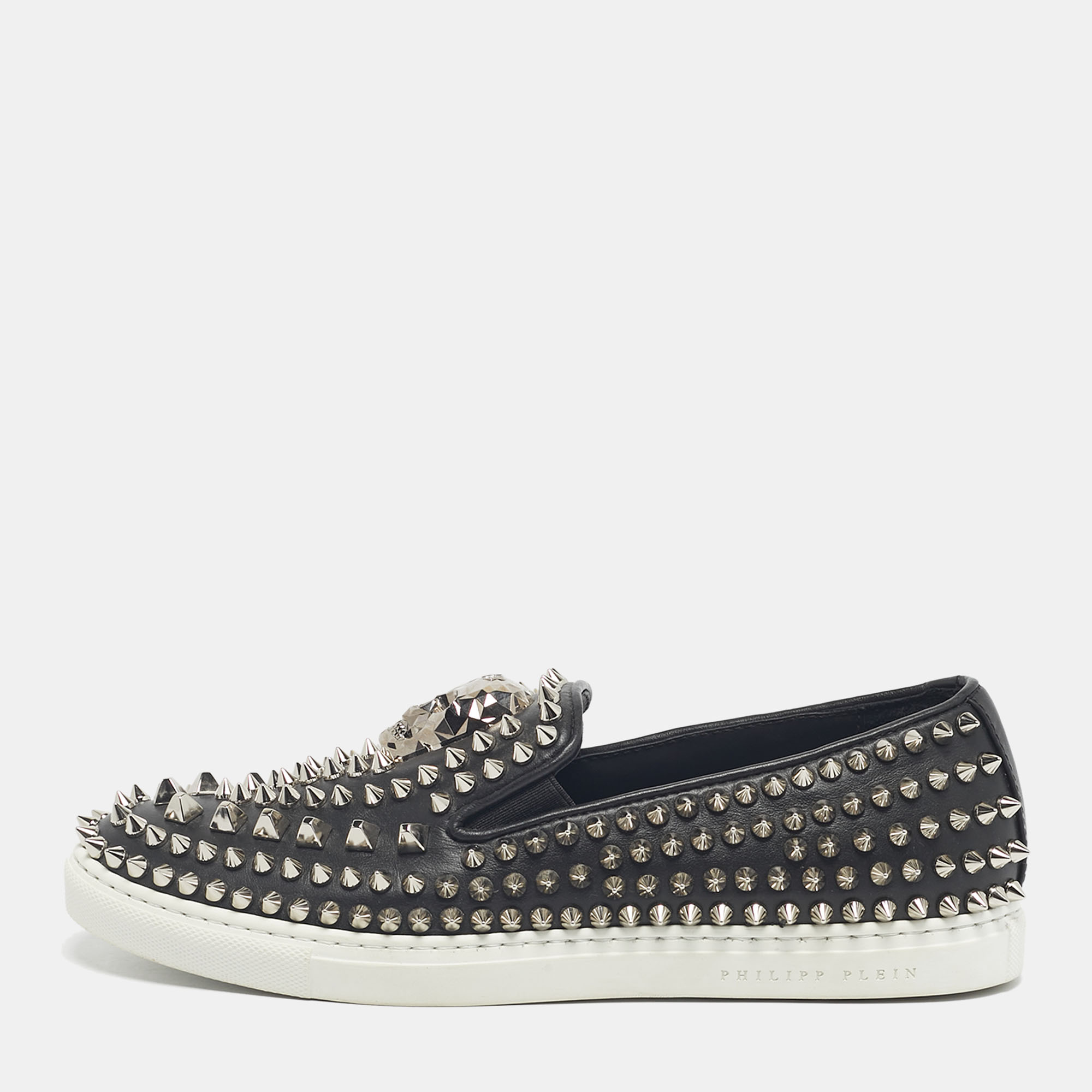 

Philipp Plein Black Leather Studded Skull Slip On Sneakers Size