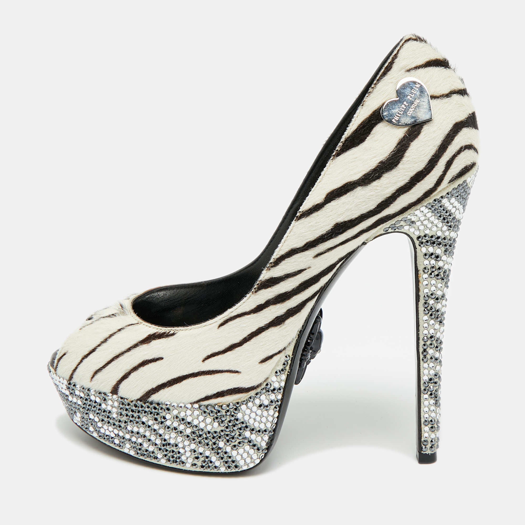 

Philipp Plein Size  White/Black Animal Print Calf Hair Crystal Embellished Platform Peep Toe Pumps