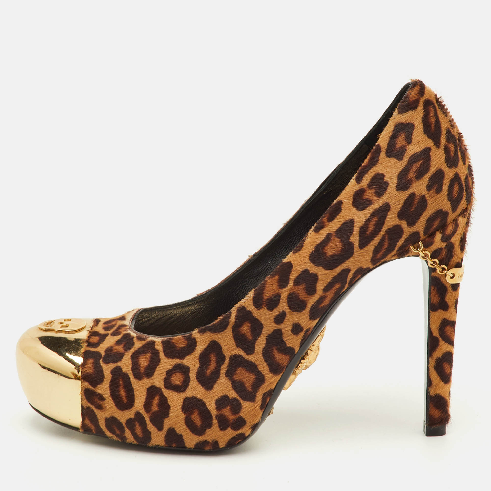 

Philipp Plein Size  Brown Leopard Print Calf Hair Skull Metal Cap Toe Platform Pumps